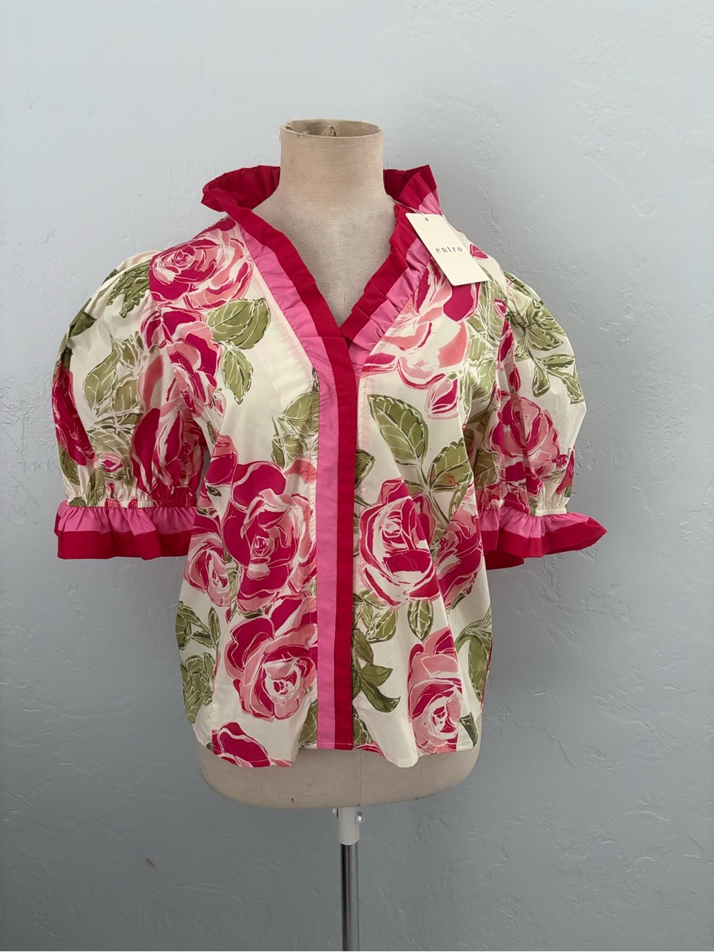 entro Cream Floral Puff-Sleeve Blouse with Pink Trim Size Large